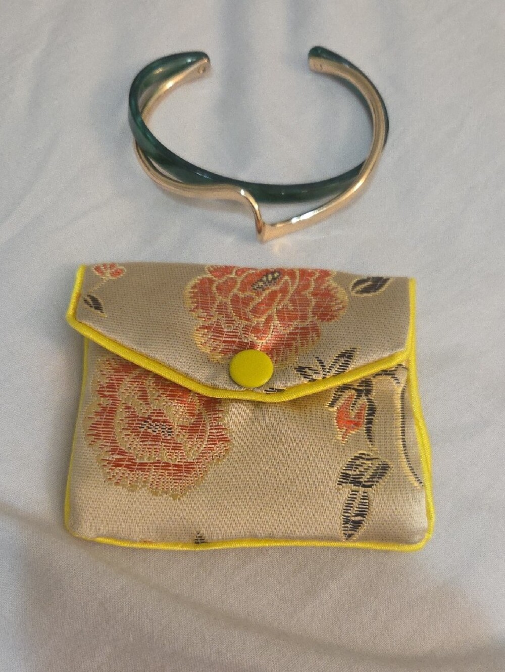 Gold-Tone Swirl Bangle with Green Inlay Bracelet, NIP, Gift Pouch - Picture 7 of 8